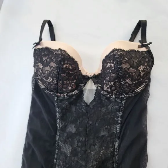 victoria’s Secret black Pink lace teddy lingerie 34B Corset Bustier Coquette Bow - Picture 2 of 11